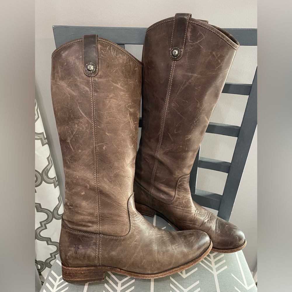 Frye Melissa Button Equestrian Leather Boot Color: Slate -Grayish Brown; size 9